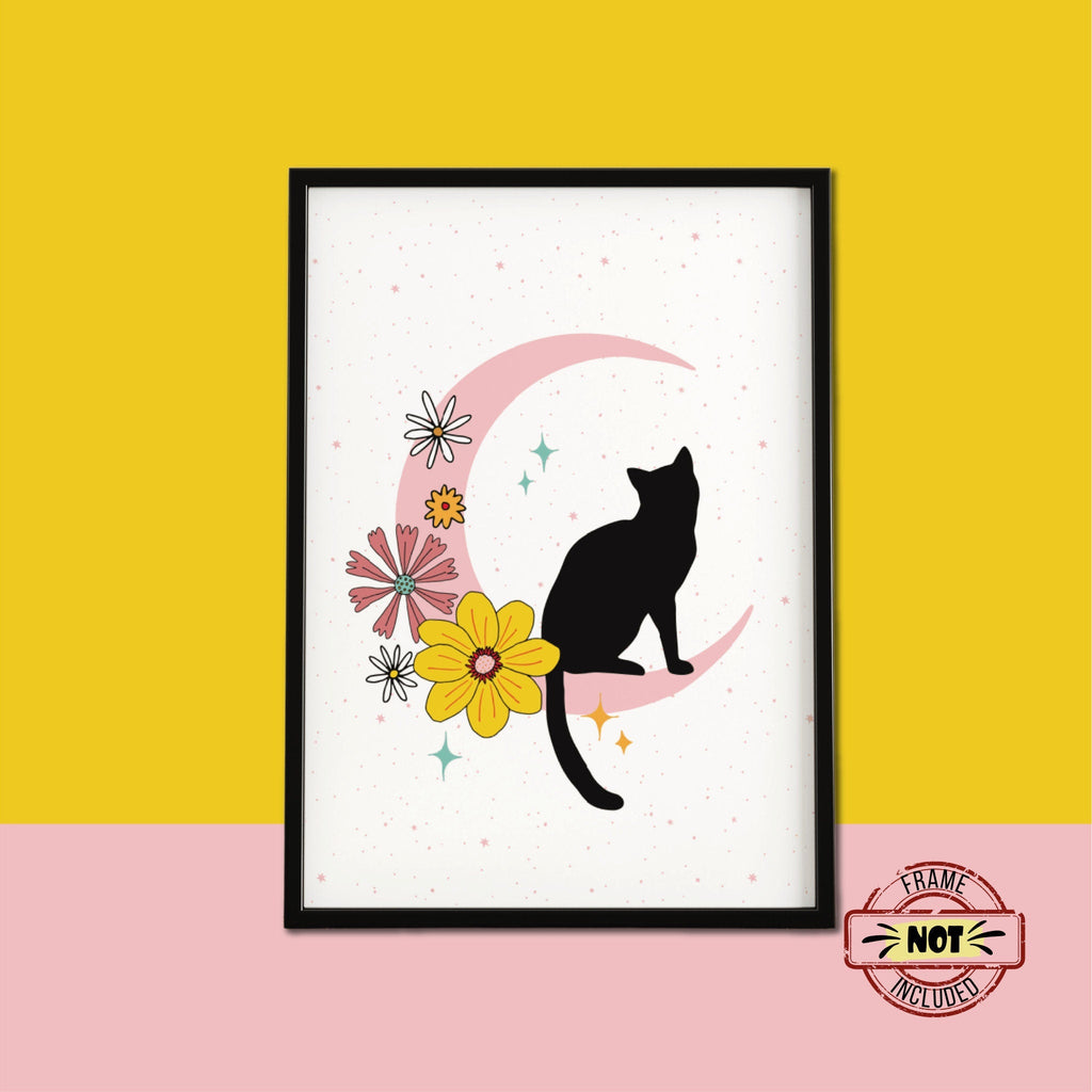 Black Cat on Moon Print | UNFRAMED A5 A4 A3 - Colour Your Life Club