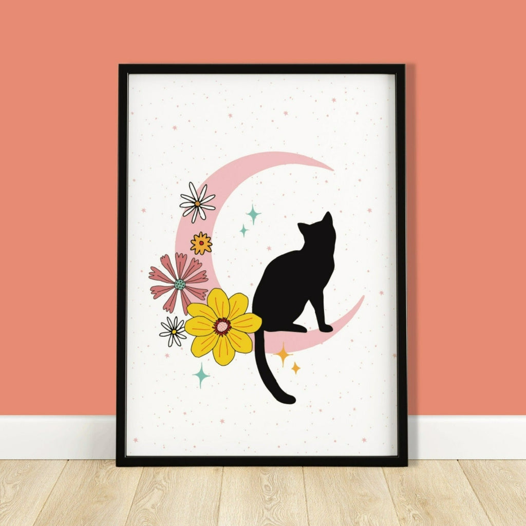 Black Cat on Moon Print | UNFRAMED A5 A4 A3 - Colour Your Life Club