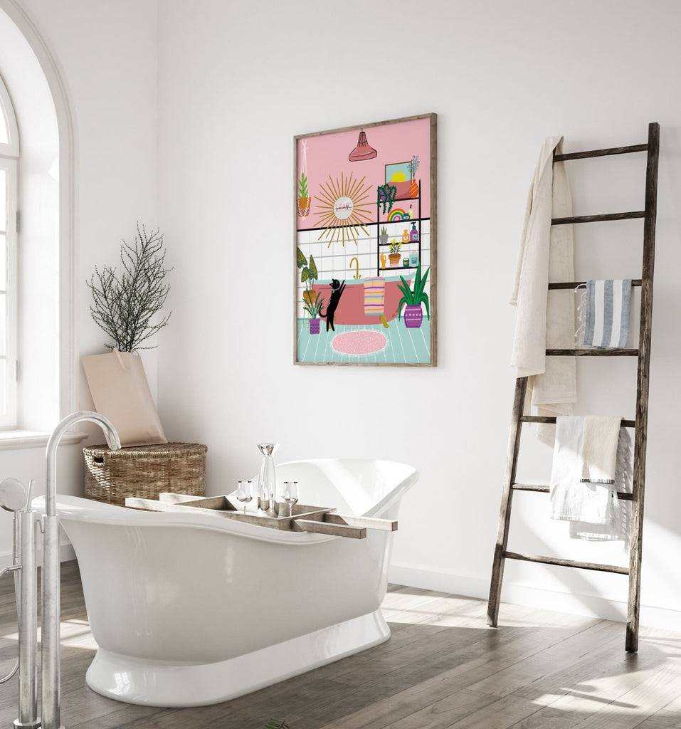 Boho Pastel Bathroom Print | With or Without Cat - Colour Your Life Club