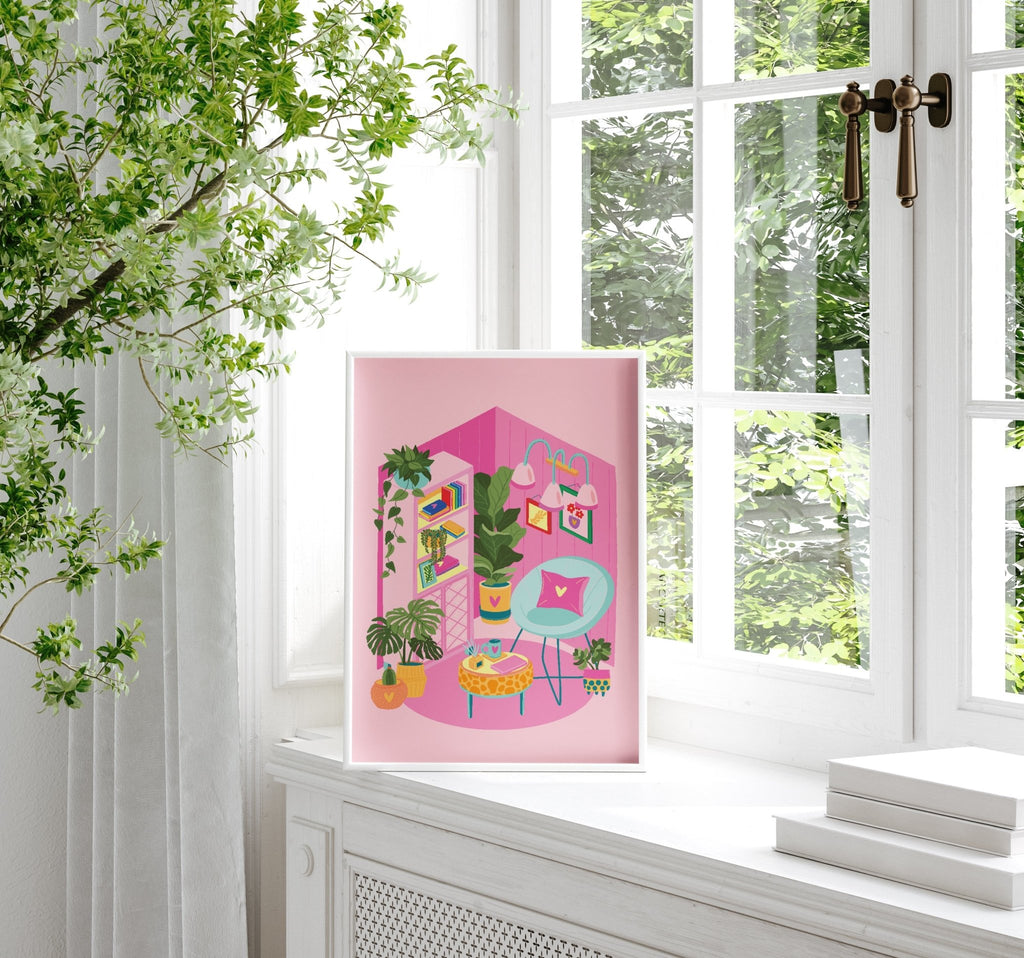 Pink Isometric Reading Corner Book Print - Colour Your Life Club