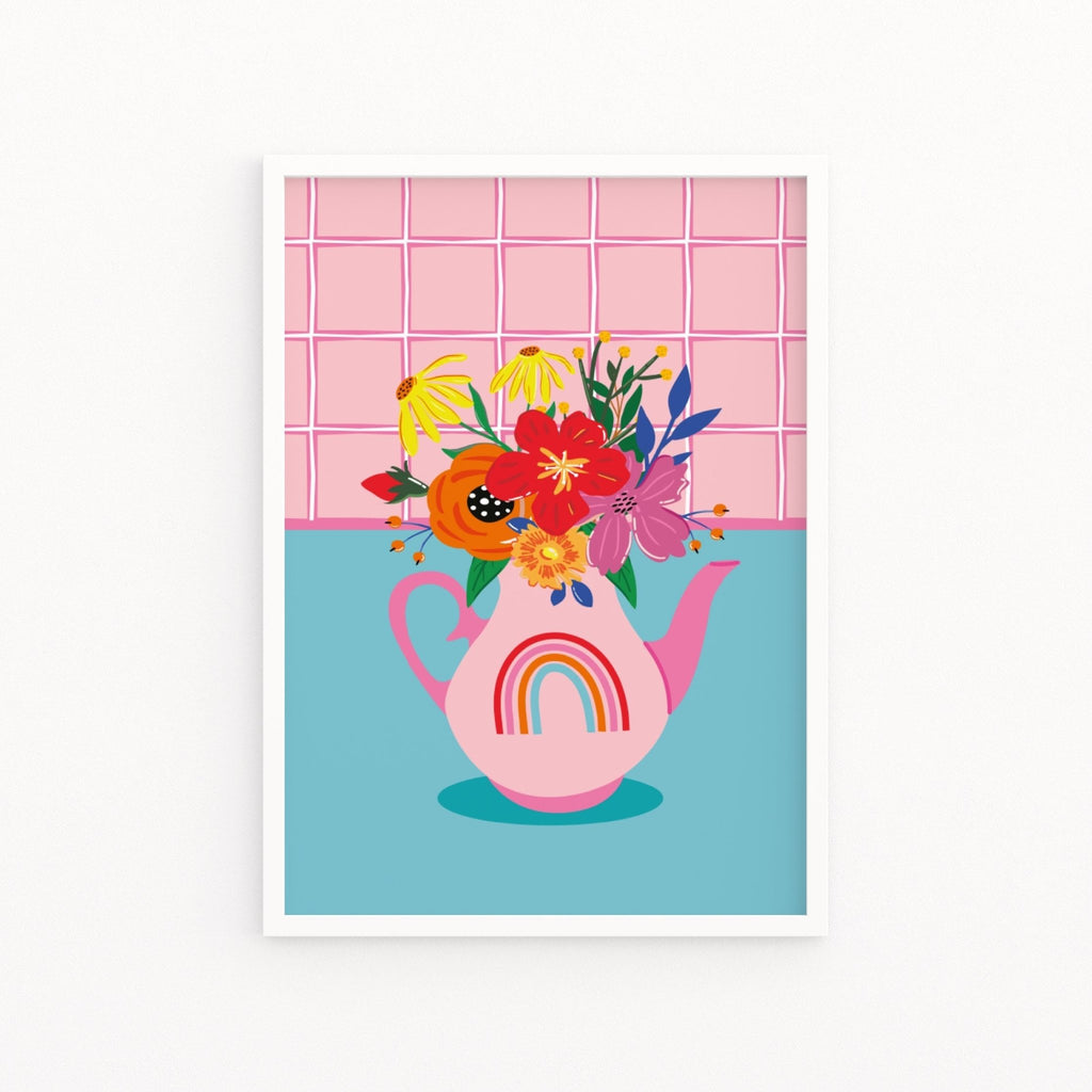 Pink Teapot Flowers Print - Colour Your Life Club