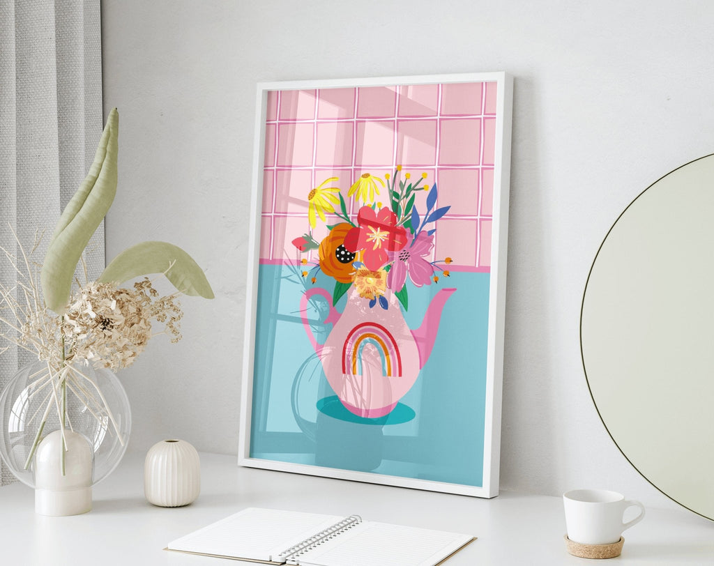 Pink Teapot Flowers Print - Colour Your Life Club