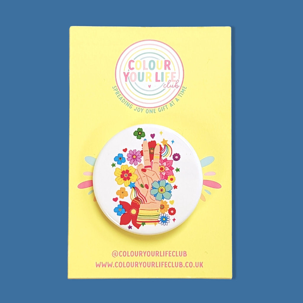 Rainbow Floral Peace Sign Button Badge - Colour Your Life Club