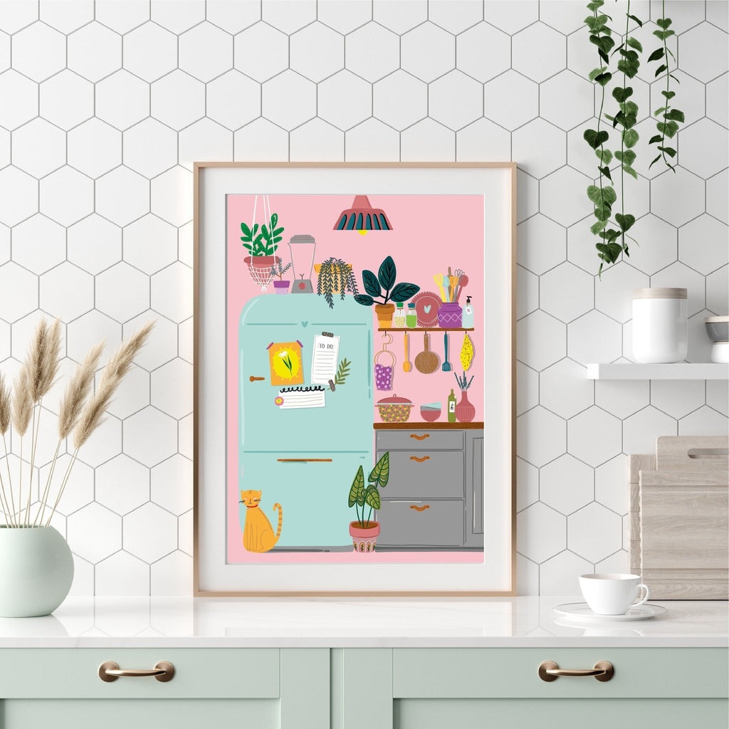 Retro Fridge Boho Art Print | UNFRAMED A5 A4 A3 | With or Without Ginger Cat - Colour Your Life Club