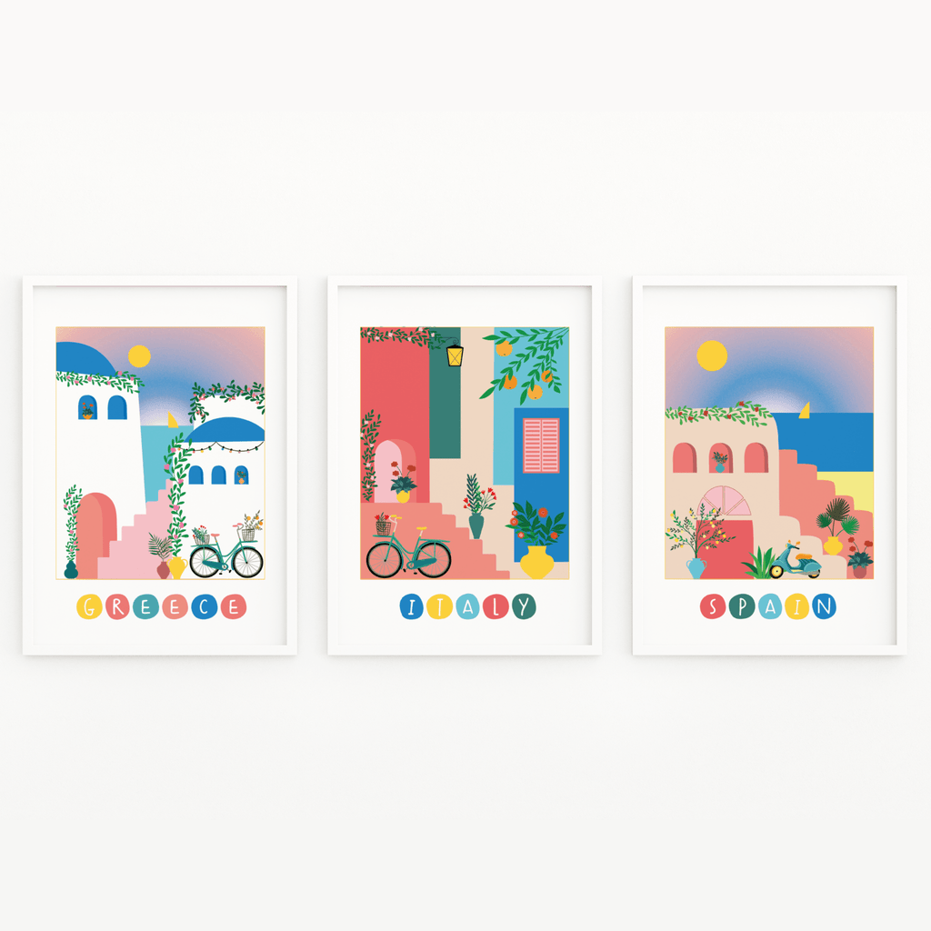 Spain, Greece Santorini & Italy Travel Print Set - Colour Your Life Club