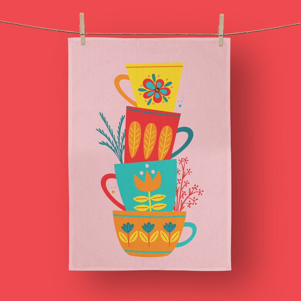 Stacking Tea Cups Large Tea Towel - Colour Your Life Club