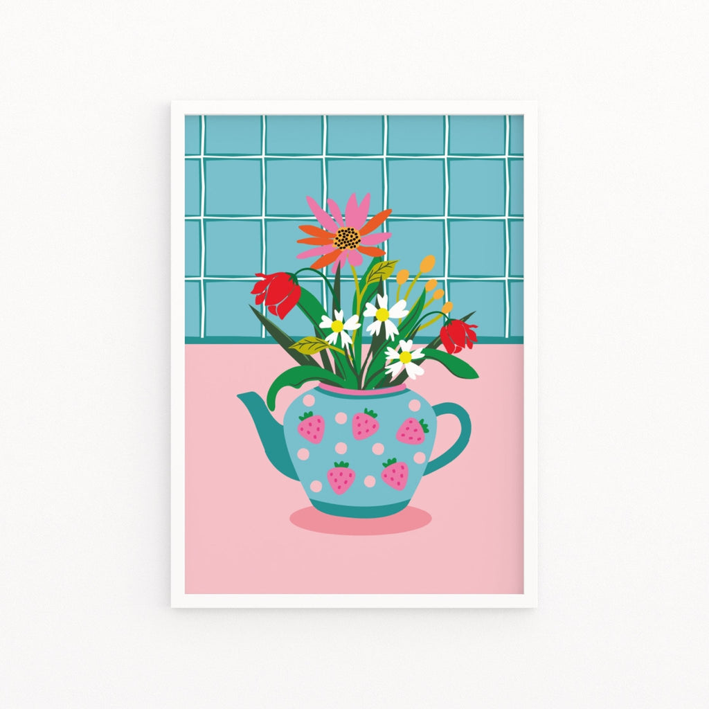 Strawberry Teapot Flowers Print - Colour Your Life Club