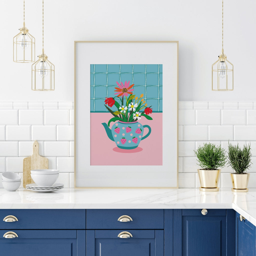 Strawberry Teapot Flowers Print - Colour Your Life Club